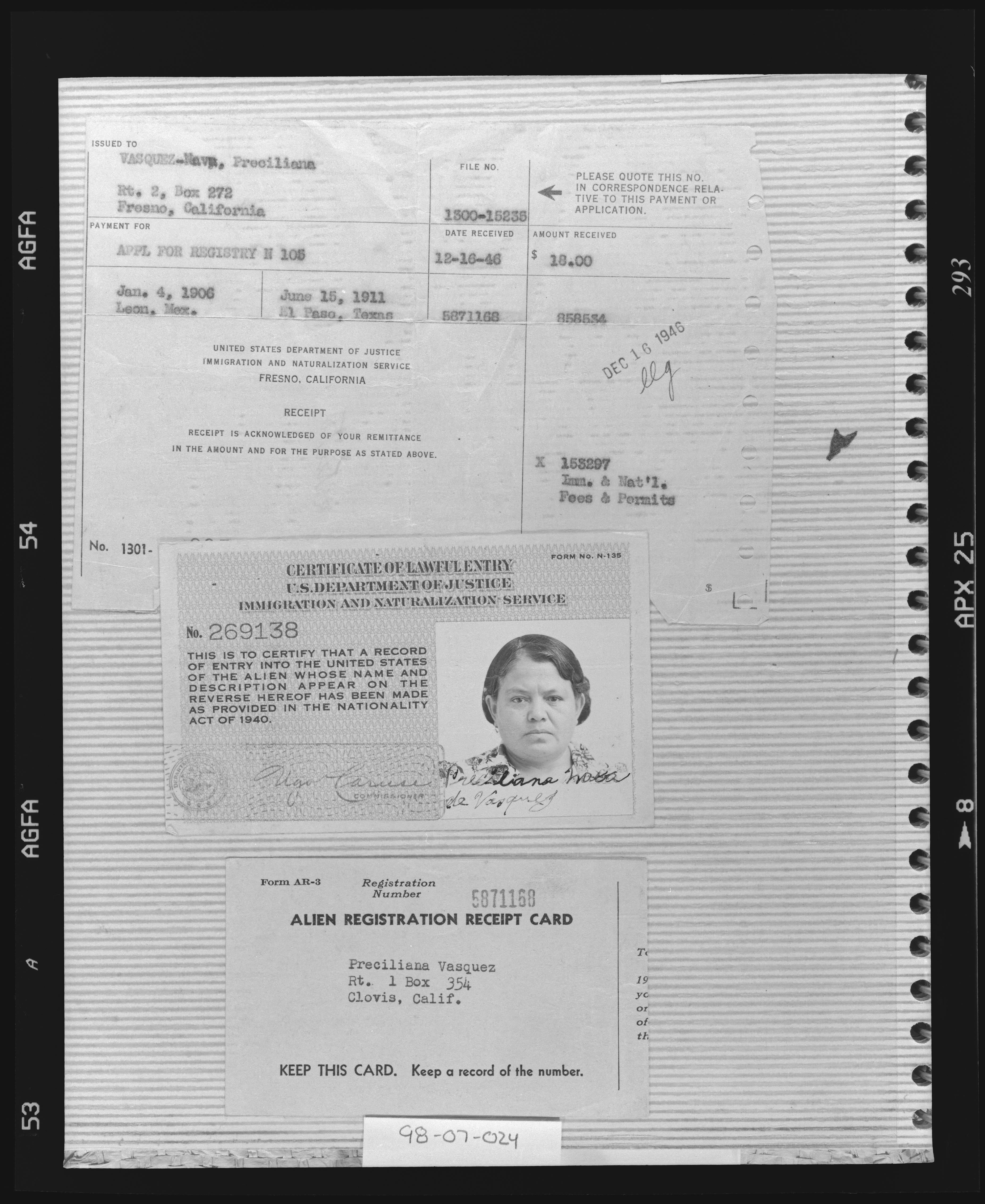 Immigration documents for Vasquez, Priciliana_ 1946 courtesy of Fresno County Public Library.