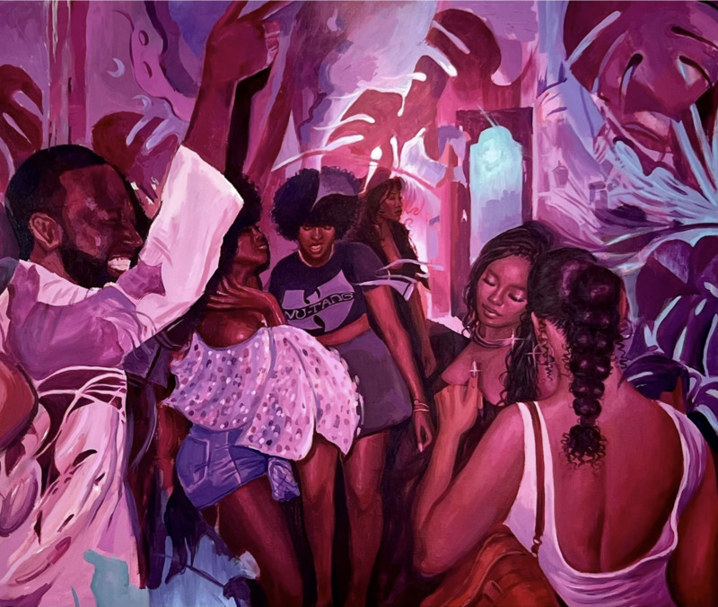 An acrylic painting depicting six Black people dancing in a pink room with purple and blue hues of a monstera plant surrounding them. 