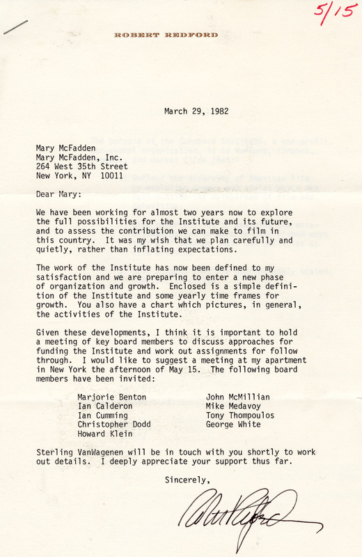 Robert Redford Letter re Sundance Institute