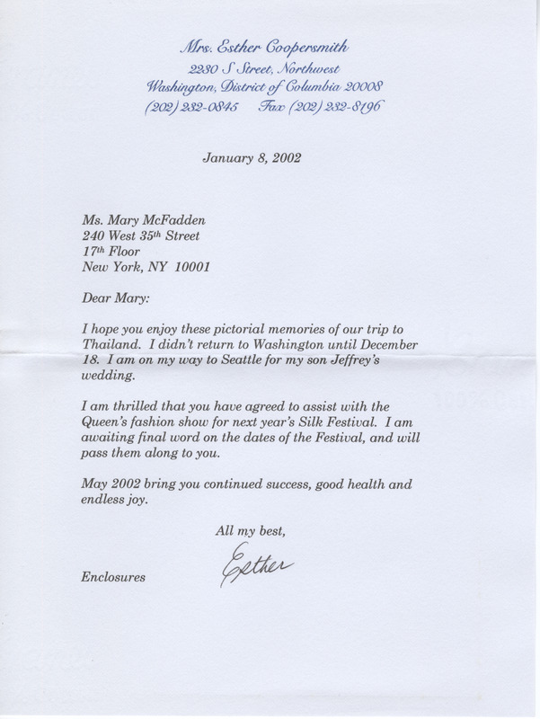 Letter from Esther Coopersmith on Thailand